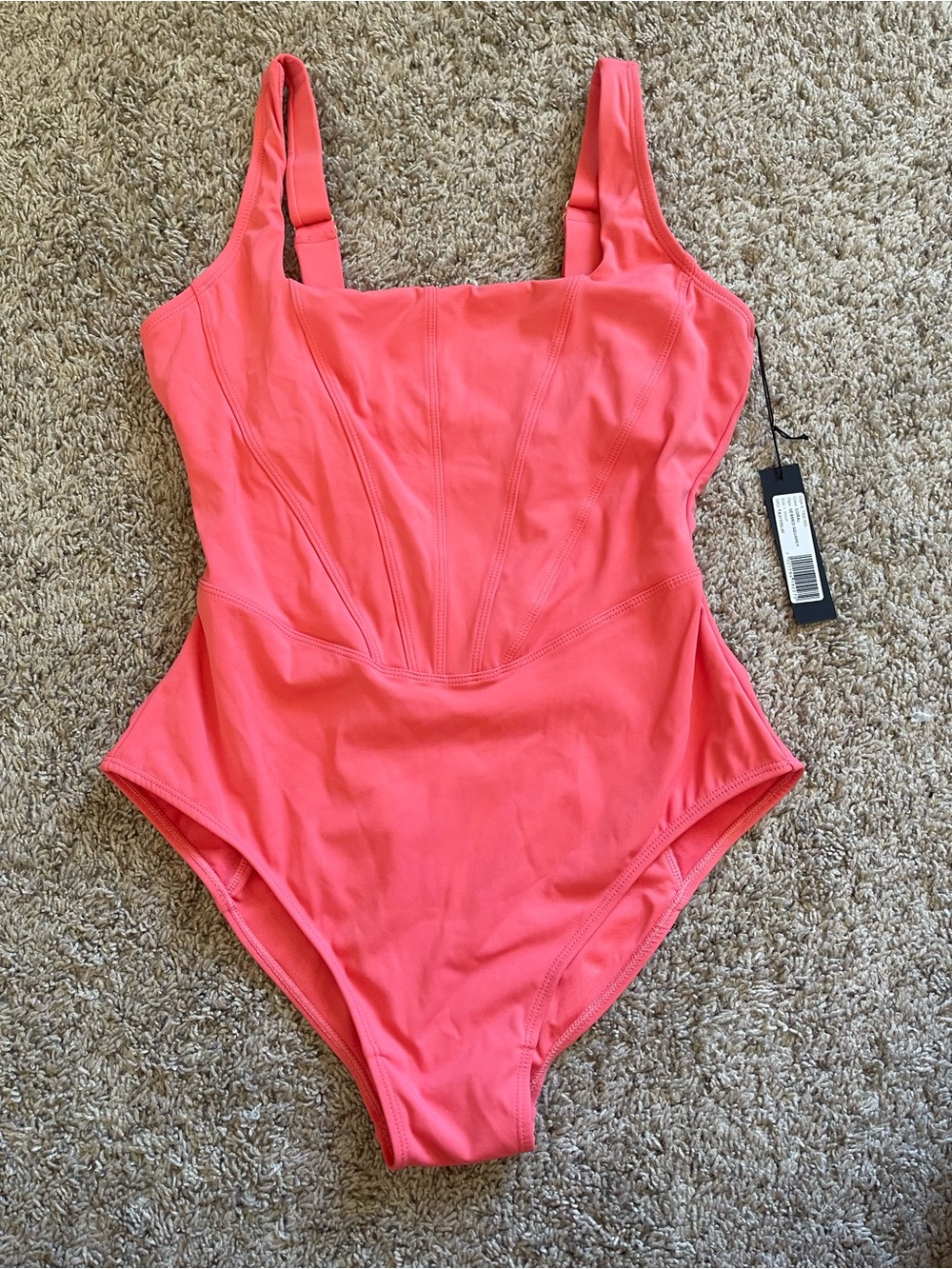 TA3 Seamed Squarey One Piece Swimsuit Coral Lace Back Sculpting Size L Short NWT
